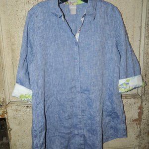Chico's No Iron Linen Contrast Cuff and Panel Button Front Shirt Size 1 (DD-30)
